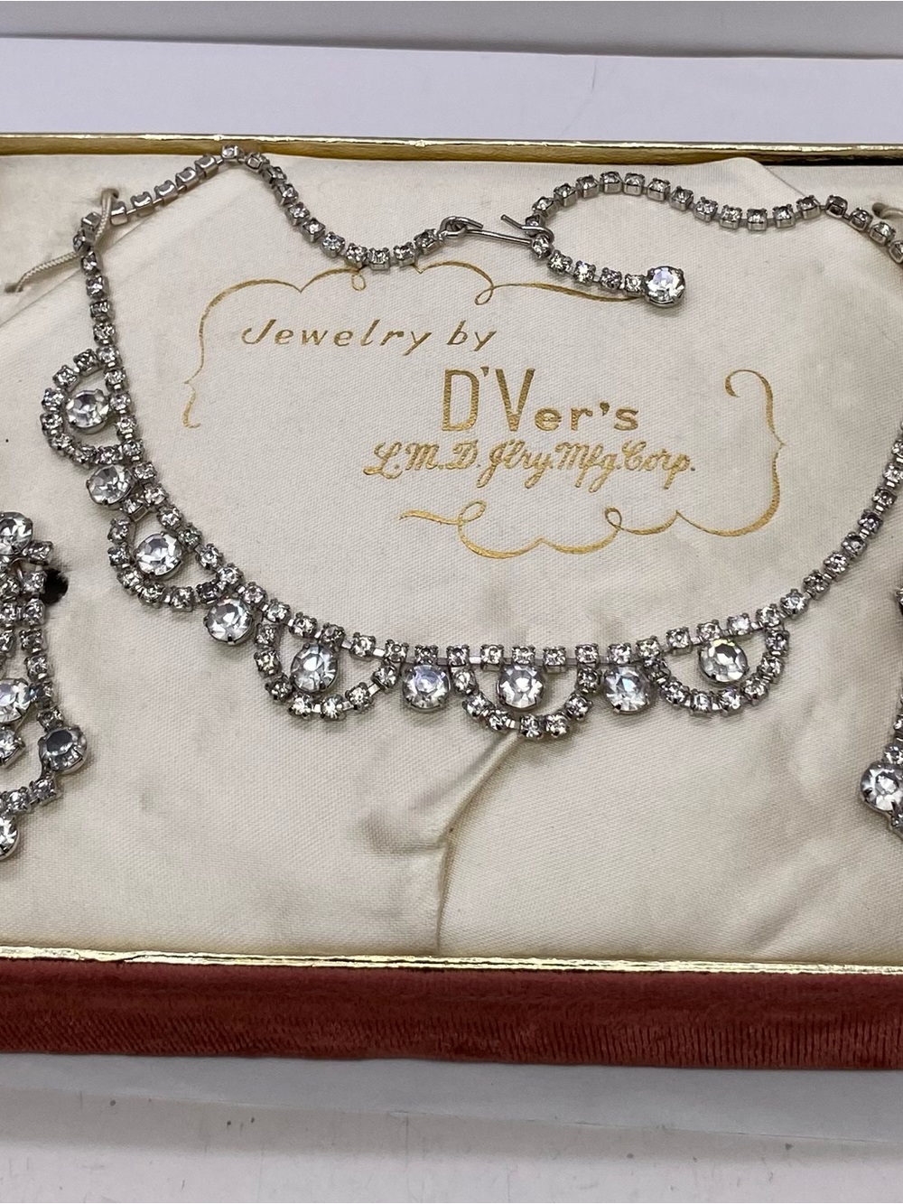 Vintage Art Deco D’Ver’s Clear Rhinestone Necklace & Screw Clip Earring Set